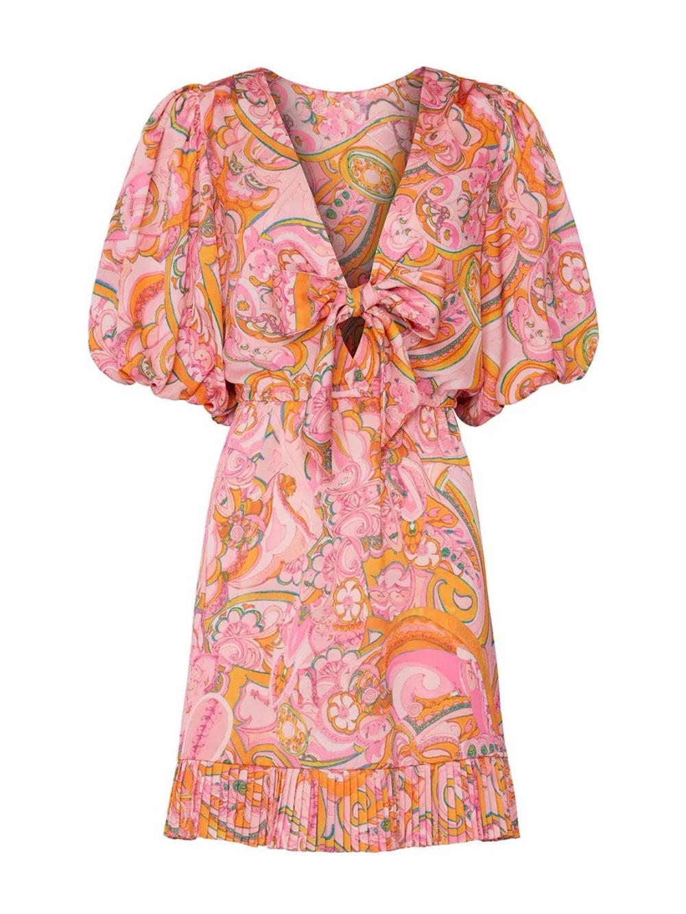 Paisley Tie-Front Midi Dress in Pink and Orange